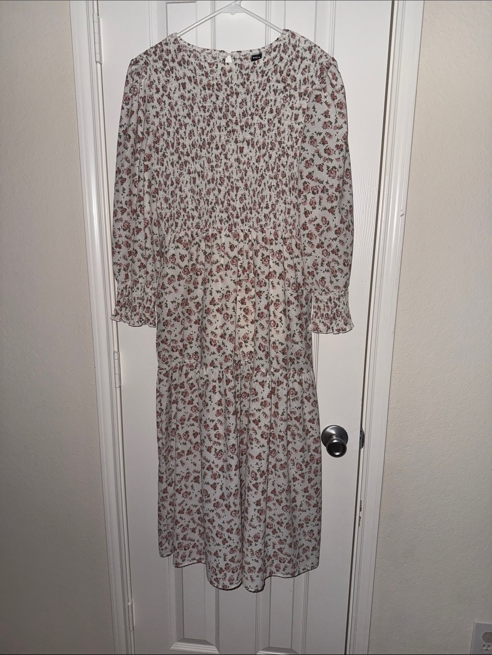 Floral Shirred Waist Midi Dress - White with Pink Floral